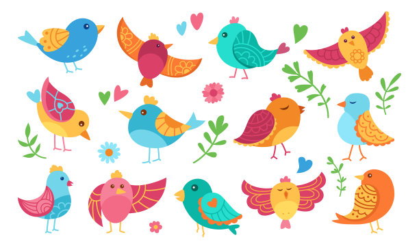 小鸟配有不同的装饰物卡通套装漫画图片下载