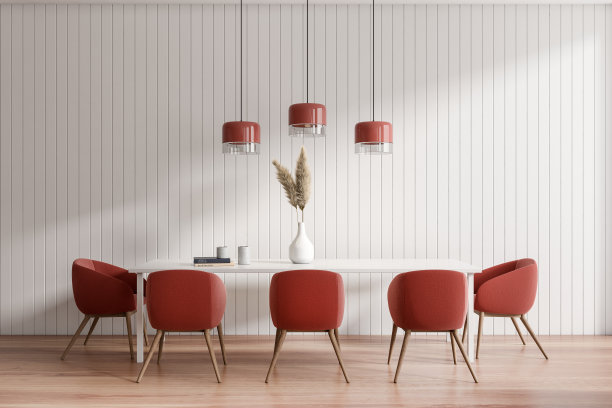 餐厅内部配有桌椅，白色木墙图片下载