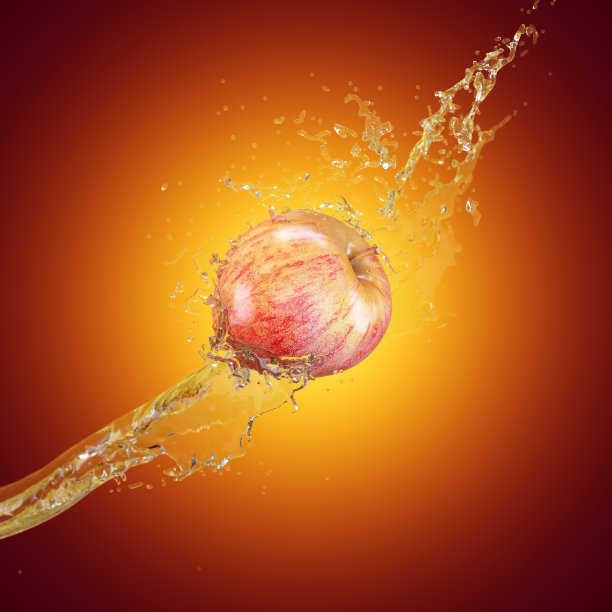 成熟的苹果在飞溅的水苍蝇在一个红黄渐变的背景。广告海报。三维渲染图片下载