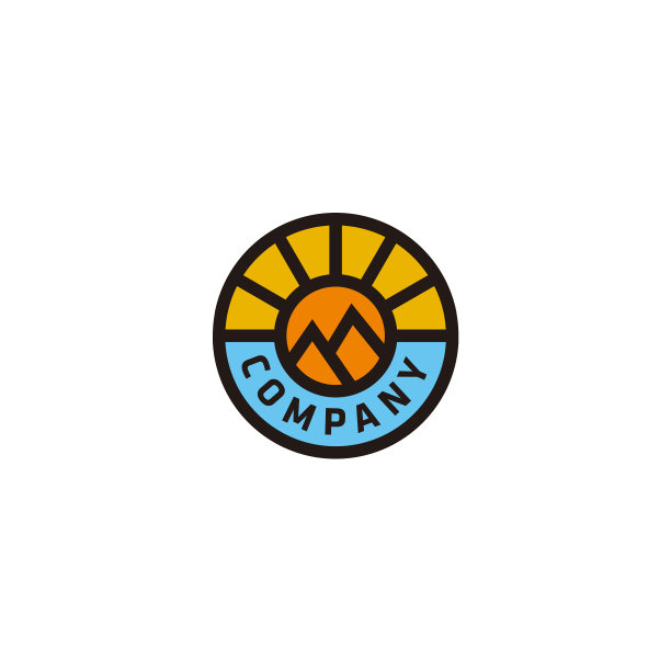 线条艺术山与圆形太阳冒险标志图片下载