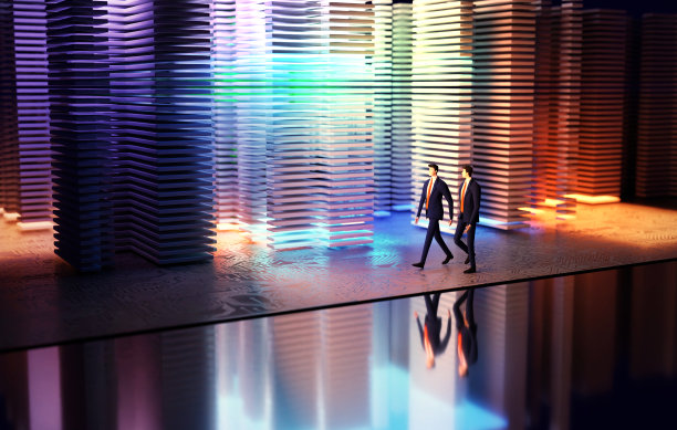 3 d渲染插图。商务人士走在霓虹灯照耀的现代服务器机房。技术、成功、互联网、数据保护和个人安全的概念图片下载