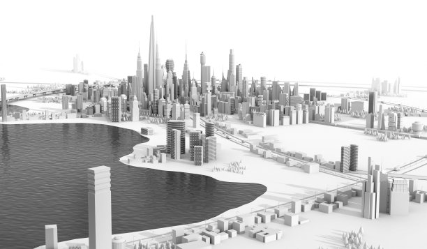 美丽的现代城市全景，摩天大楼和湖上的长桥。3 d渲染图图片下载