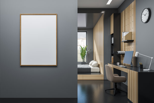 现代工作空间内部，有床，桌子和电脑。模型框架图片下载