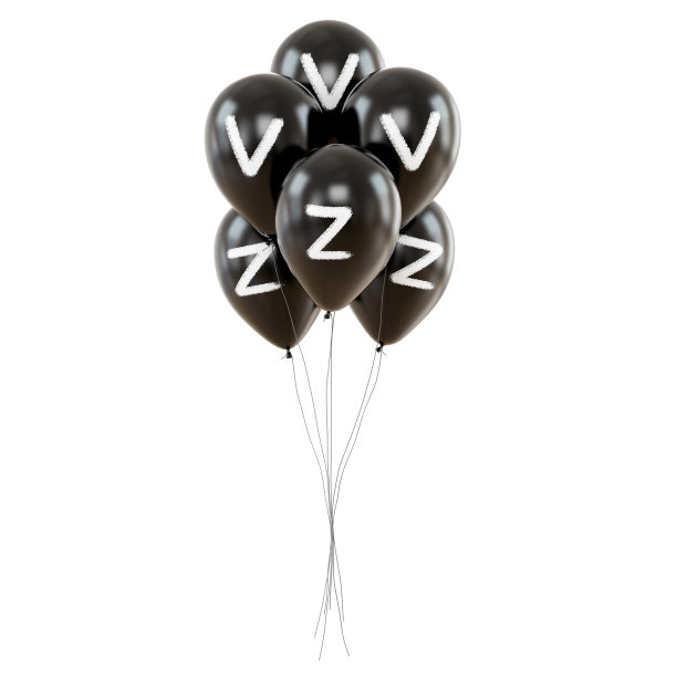 一堆白色背景上有字母z和v的黑色气球。前视图。三维渲染图片下载