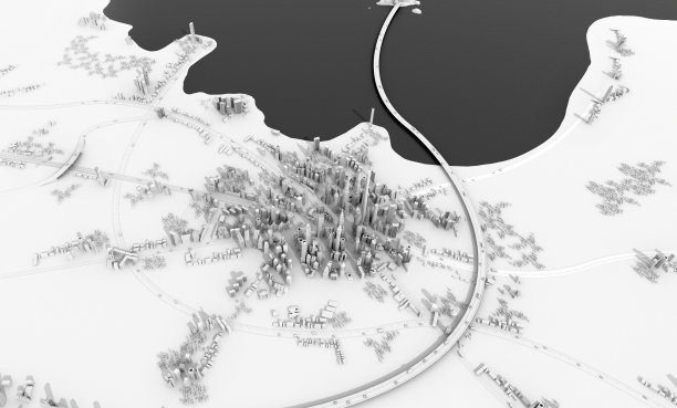 美丽的现代城市全景，摩天大楼和湖上的长桥。3 d渲染图图片下载