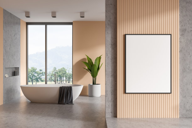 时尚的浴室内部浴缸，配件和全景窗户。模型框架图片下载