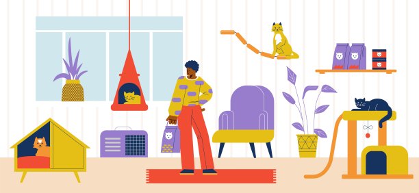 宠物酒店与工人喂养动物，平面卡通矢量插图。图片下载