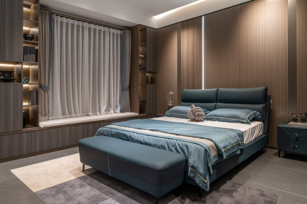 温暖的光线卧室环境，浅绿色的床和后盖图片下载