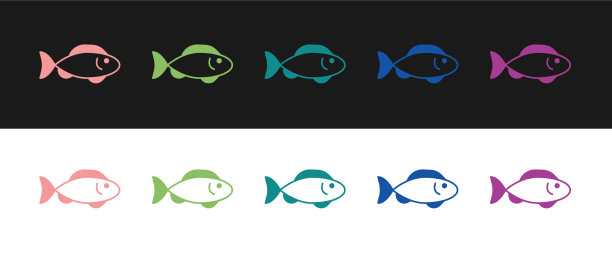 设置鱼图标孤立在黑色和白色图片下载