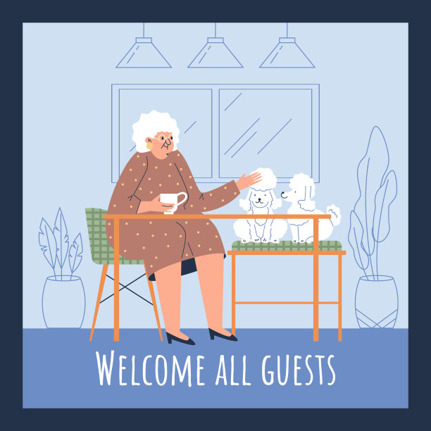 可爱的老太太坐在咖啡馆与两只狮子狗，宠物友好的咖啡馆海报，平面矢量插图。图片下载