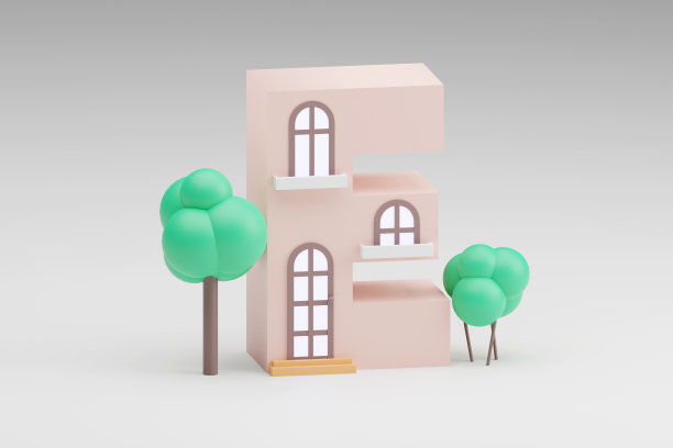 3d字母表，字母形状的小房子在灰色背景，3d渲染，字母E图片下载