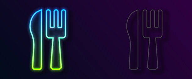 闪闪发光的霓虹灯线交叉刀叉图标图片下载