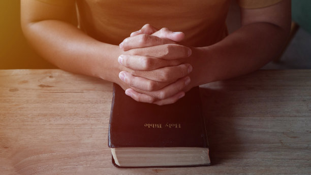 早晨，妇女双手合十，对着圣经祈祷，这是教会对信仰、灵性和宗教的概念。图片下载