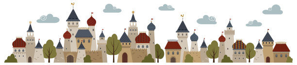 中世纪民俗学风格的房屋和塔楼的水平组合。图片下载