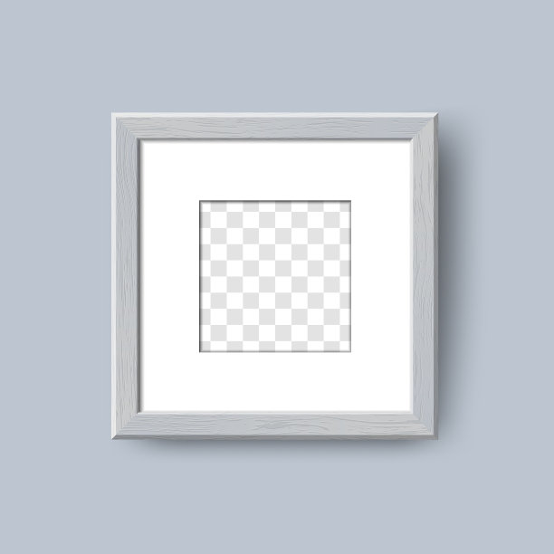 空的木制相框。向量逼真的灰色木材相框模型模板与阴影在蓝色的墙背景。模拟海报，照片画廊，绘画，展示，家庭内部图片下载