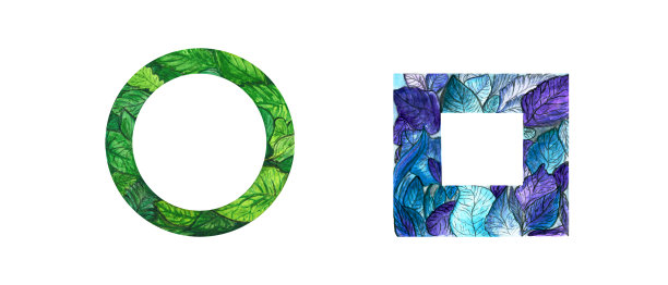 水彩图标设置几何标志圆和方形与绿色，蓝色的叶子在白色背景孤立为您的设计，手绘插图图片下载