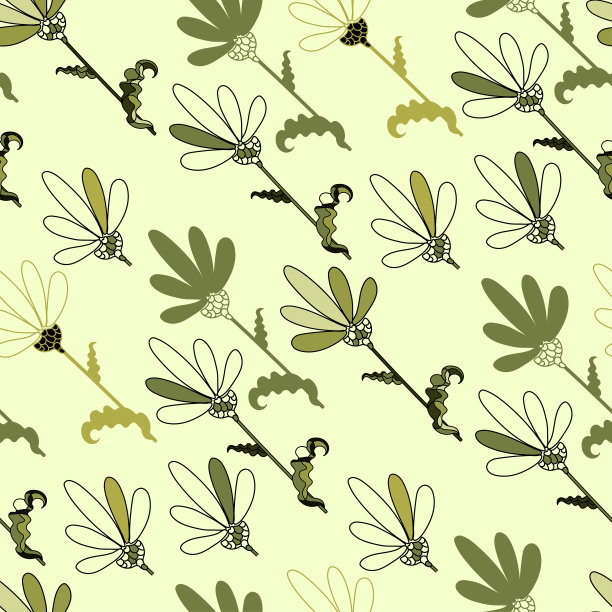 矢量单色花卉图案在沼泽色，低调的着色。涂鸦花，风格化，用于设计织物，纸张图片下载