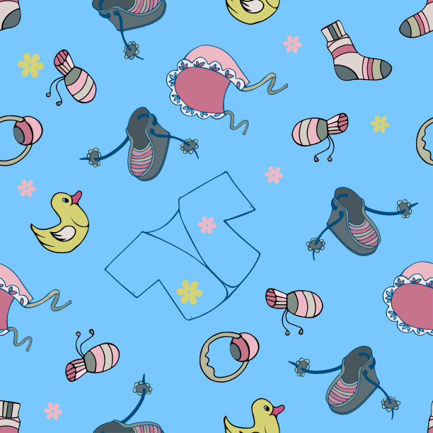 矢量集手绘卡通，手绘，第一婴儿用品，背心，帽子，拨浪鼓，鸭子，玩具，第一，不同，标记，第一鞋，无缝图案纺织品，纸张图片下载