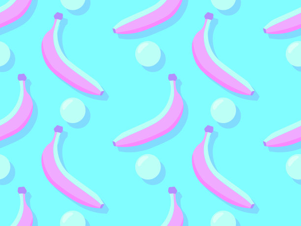 香蕉无缝模式。80年代风格的蓝色背景下的粉色香蕉。适用于织物、横幅、包装纸的印刷设计。矢量图图片下载
