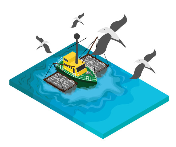 一艘有很多鱼的渔船的插图图片下载