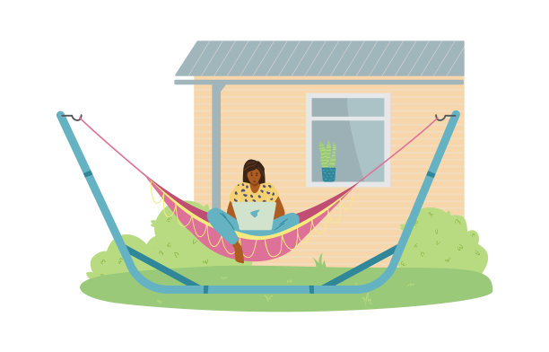 女人在吊床上使用笔记本电脑图片下载