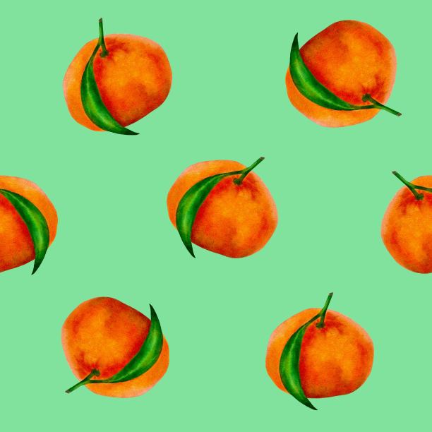 美丽的图案明亮的橘子在绿色的背景。图片下载