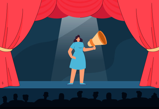 女孩站在舞台上扬声器平面矢量插图图片下载