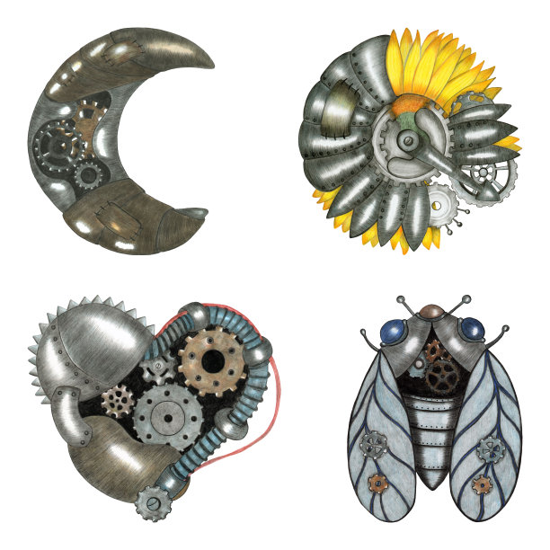 彩色铅笔绘制的蒸汽朋克元素。图片下载