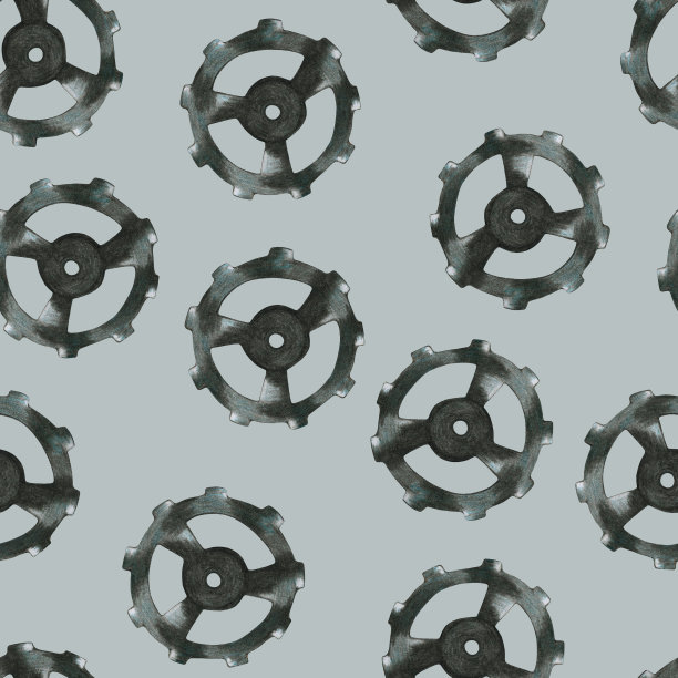 在Grunge背景上手绘蒸汽朋克齿轮传动元件无缝图案。图片下载