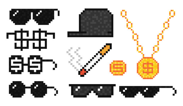 一套像素黑帮墨镜，金链，帽子，香烟和硬币。矢量插图。“n图片下载