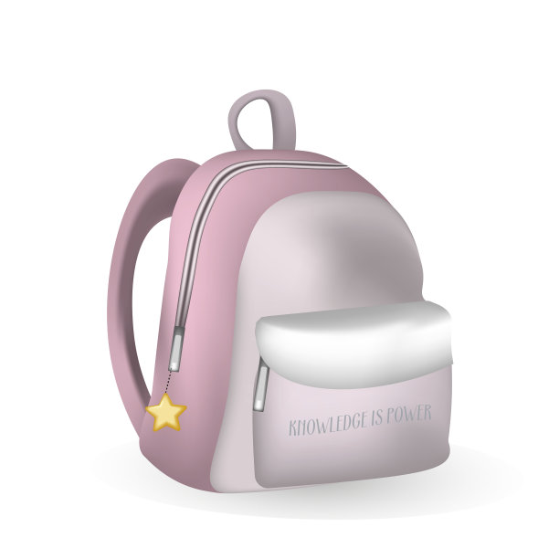 3d插画，粉色双肩包与星形钥匙链和铭文-知识就是力量。图片下载