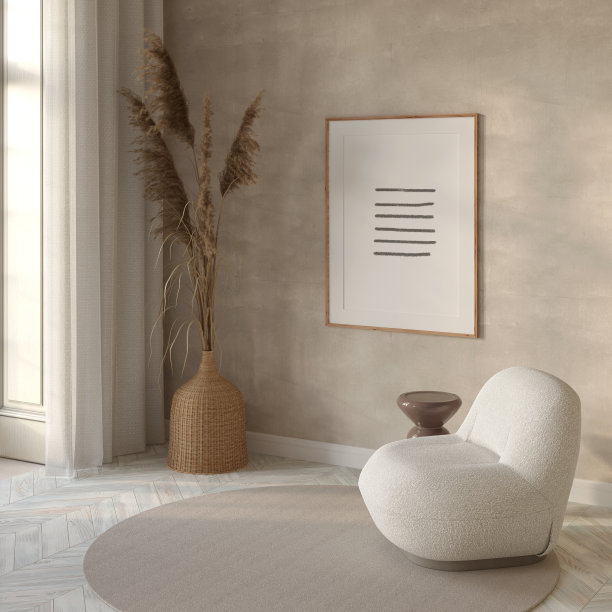 浅米色的现代阳光室内，白色现代扶手椅上挂着一幅垂直海报，米色咖啡桌，靠近窗户的柳条花瓶里插着干花，亚麻窗帘。图片下载