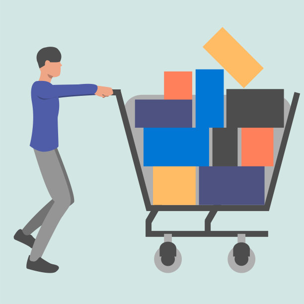 一名男子推着购物车里一堆箱子的插图。图片下载