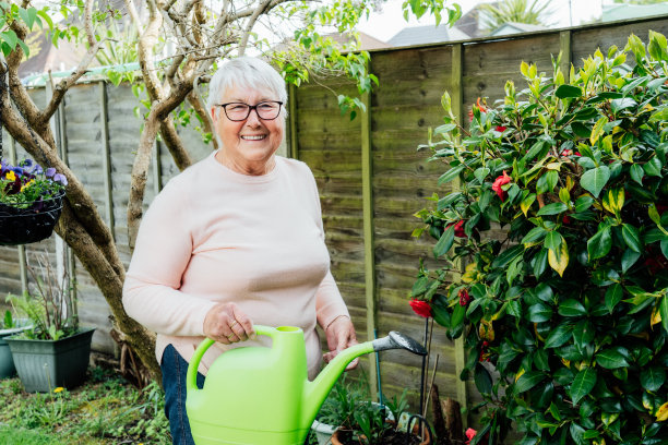 幸福的肖像，微笑，成熟的女人在一个阳光明媚的日子在花园里用喷壶浇花。退休的老年妇女和园艺爱好。活跃的退休生活。图片下载