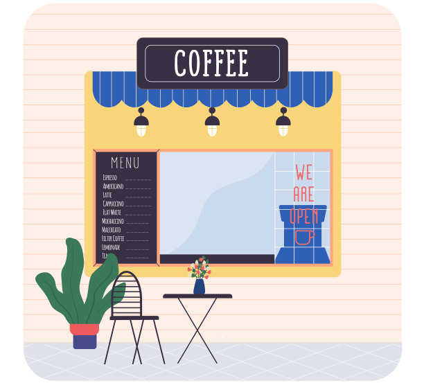 咖啡店街咖啡店与菜单板遮阳篷图片下载