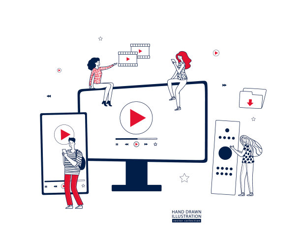 手绘小人坐在巨大的电视上图片下载