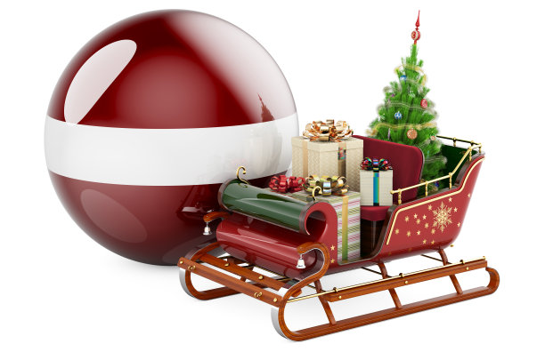 拉脱维亚的圣诞节，概念。圣诞老人的雪橇装满了拉脱维亚国旗的礼物。三维渲染图片下载