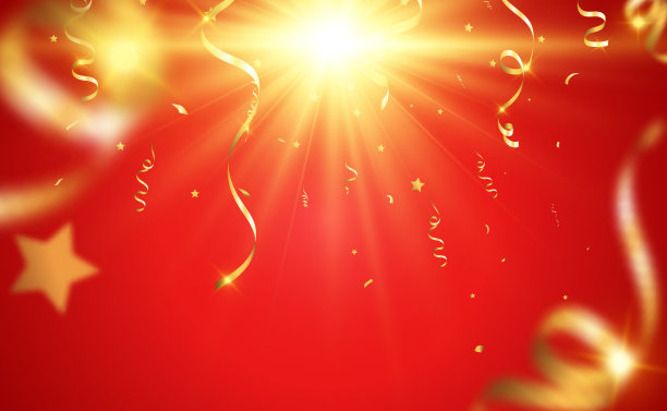 金色的彩纸落在美丽的背景上。舞台上落下的飘带。图片下载