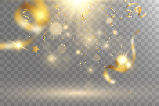 金色的五彩纸屑落在美丽的背景上。舞台上落下的飘带。图片下载