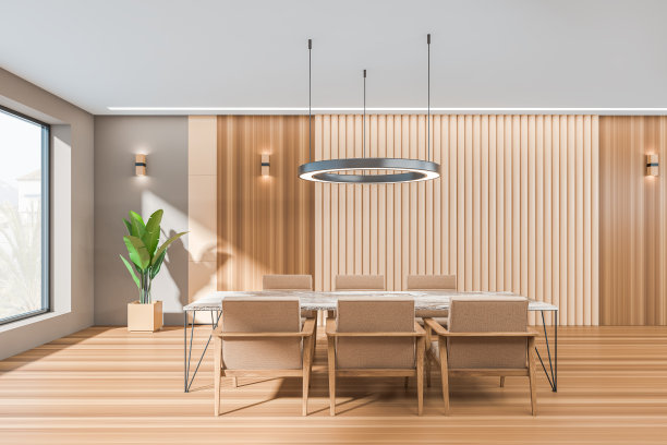 现代客厅内部设有桌椅，全景窗图片下载