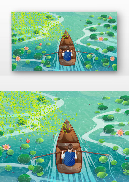 男孩在荷塘里划船图片下载