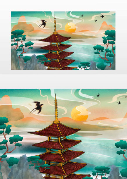 古塔中国风插画组图图片下载