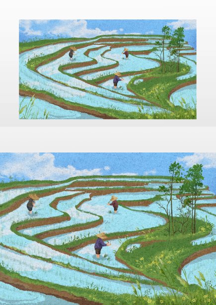 绿色农民在梯田中认真插秧图片下载