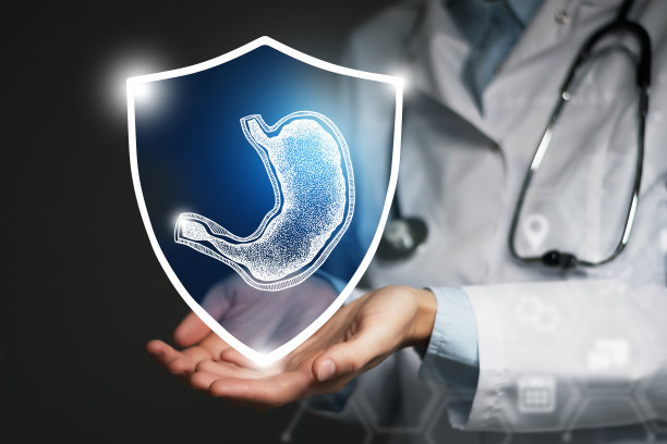 无法辨认的女医生手持盾牌和胃部器官的图形虚拟可视化在手。图片下载