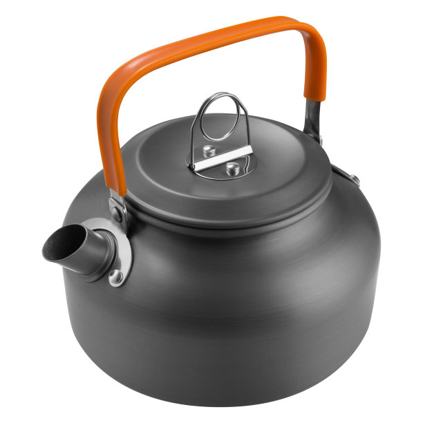 铝灰色水壶，橙色把手，野营用具，白色背景图片下载
