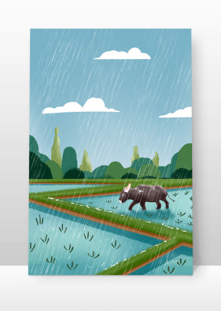 原创插画耕地的牛插秧图片下载