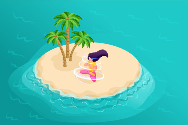 有棕榈树的海上岛屿的三维等距图片下载