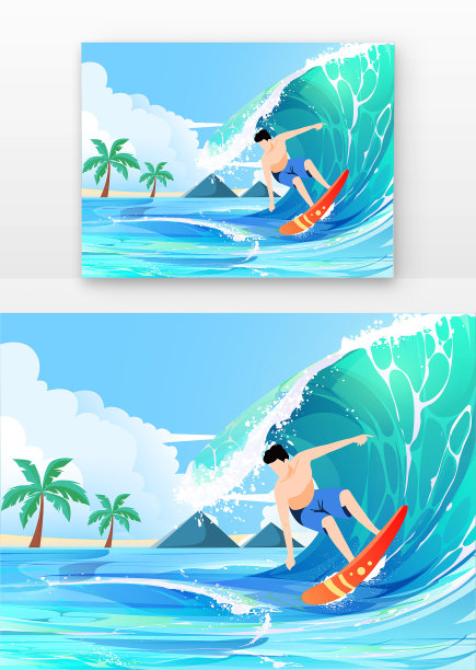蓝色夏天男生冲浪插画图片下载