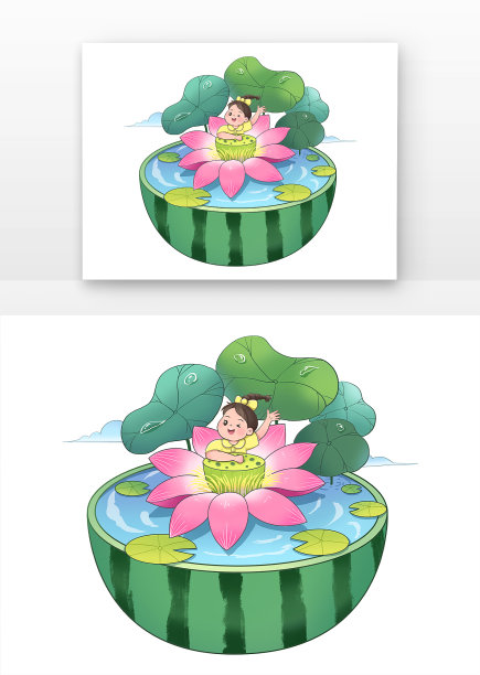 女孩坐在荷花上挥手图片下载