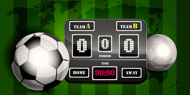 体育的概念，体育竞赛和胜利。体育电子记分牌，足球和足球场地，草坪纹理的卡通风格。图片下载